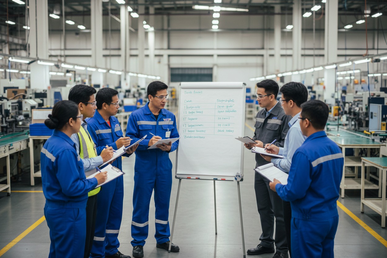 Um grupo de engenheiros e técnicos com uniformes industriais e óculos de proteção faz uma reunião em pé ao redor de um quadro branco em uma fábrica.