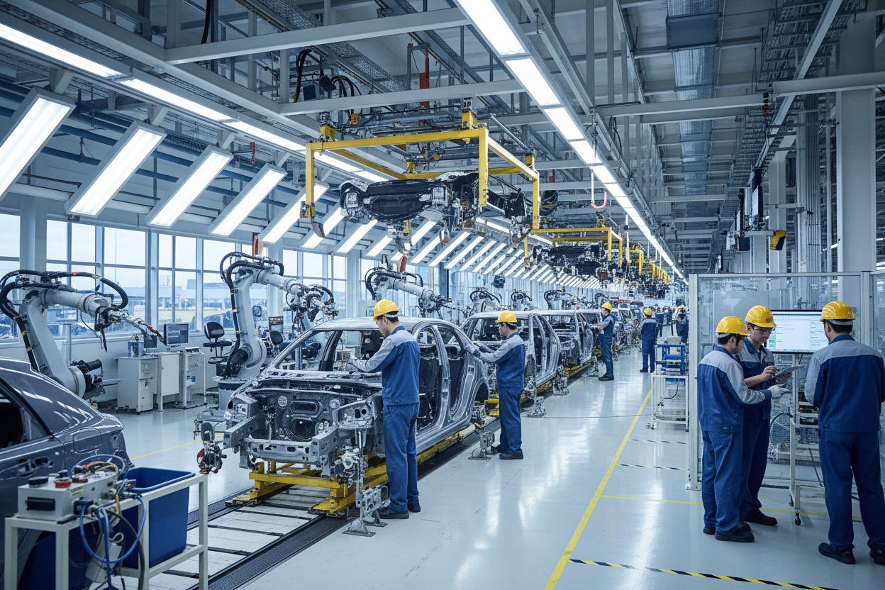 Operários com capacetes e uniformes azuis trabalham na linha de montagem de uma fábrica de automóveis automatizada.